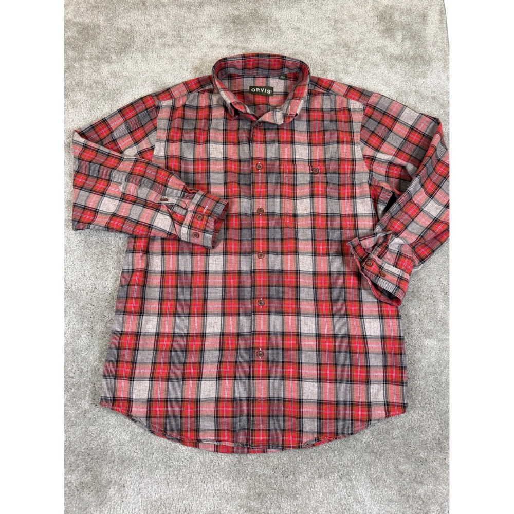 Orvis Mens Red Grey Plaid Cotton Lyocell Long Sleeve Button Down Shirt Size M